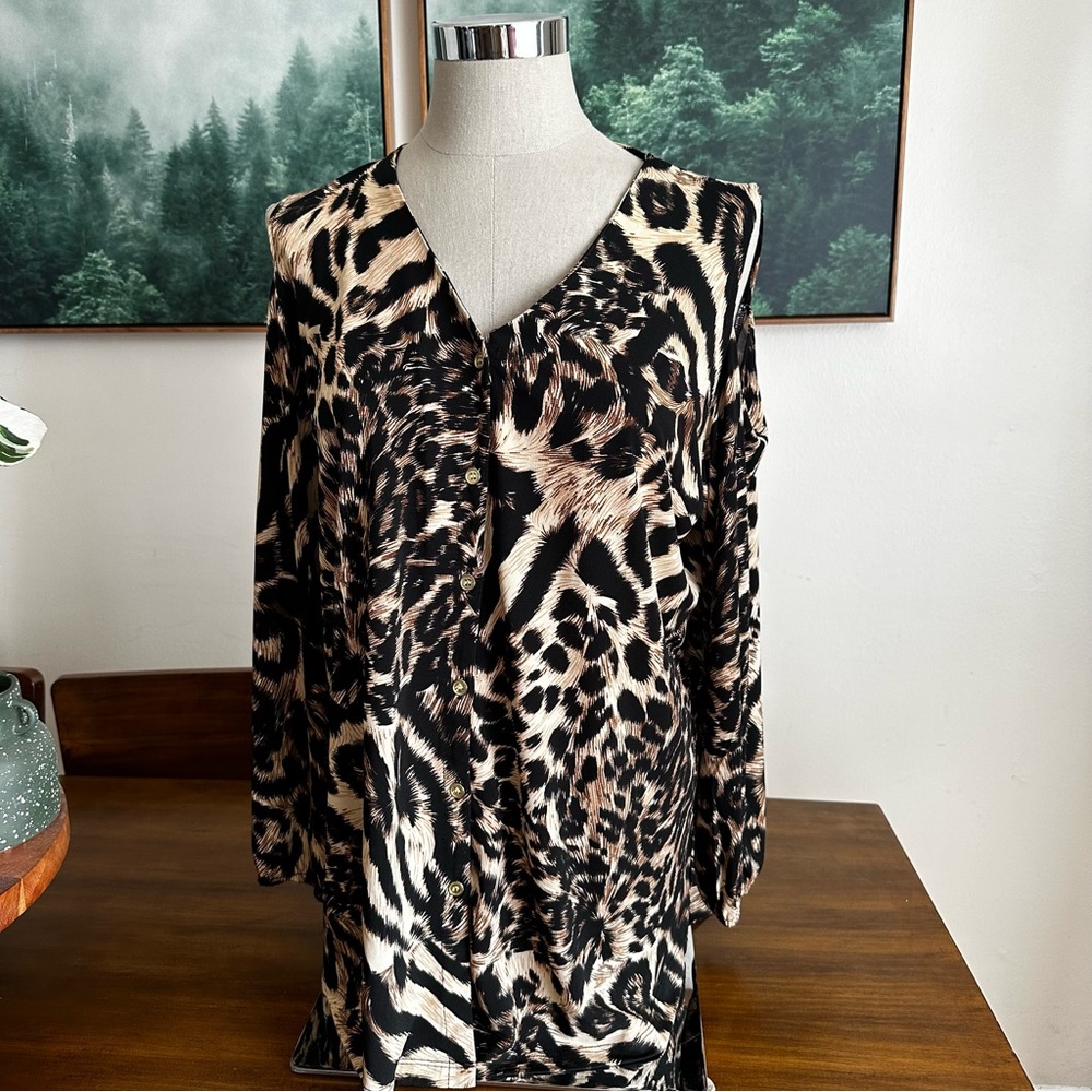 Eve & Maddie Cold Shoulder Leopard Print Blouse XL
